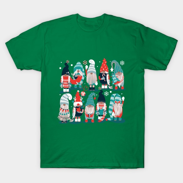 Let it gnome // spot // dark teal background little Santa's helpers preparing for Christmas neon red mint dark green and duck egg blue dressed gnomes T-Shirt by SelmaCardoso